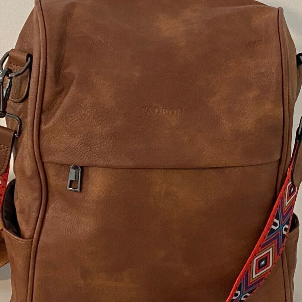 FADEON Backpack Tablet Bag Purse Brown PU Leather Removable Shoulder Strap